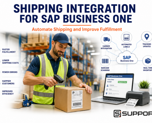 Shipping Integration for SAP Business One featured image showing a warehouse employee scanning a shipping label while SAP Business One automates carrier integration, shipment tracking, and order fulfillment