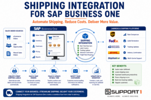 Shipping Integration for SAP Business One infographic showing automated shipping labels, carrier integration, tracking synchronization, warehouse fulfillment, and improved customer satisfaction