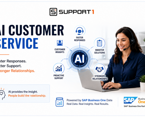 Customer service professional using AI with SAP Business One to provide faster responses, proactive support, smarter solutions, and stronger customer relationships.