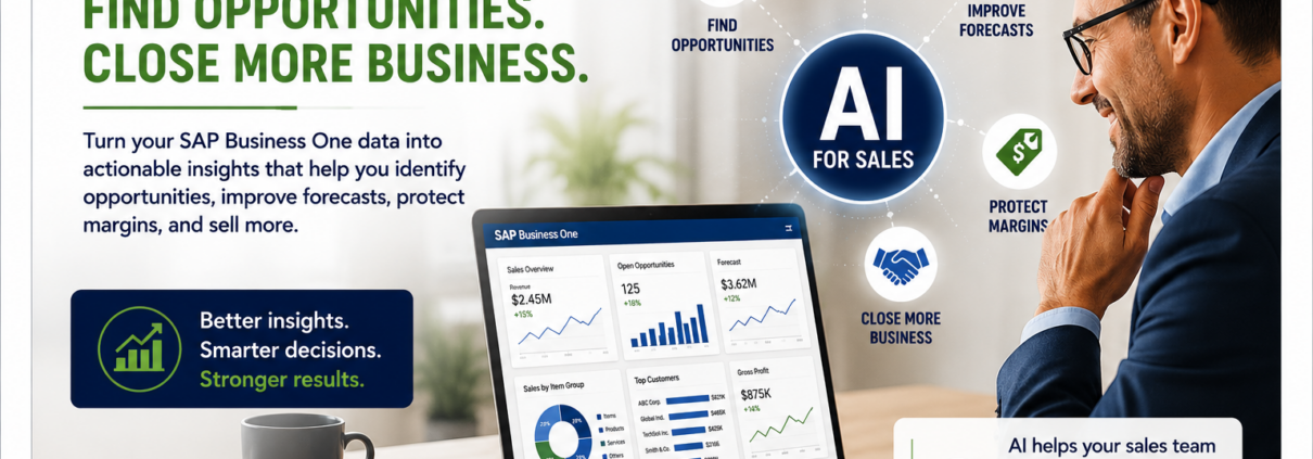 Sales professional using AI for sales with SAP Business One to identify opportunities, improve forecasts, protect margins, and build customer relationships.