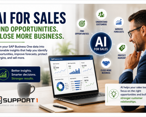 Sales professional using AI for sales with SAP Business One to identify opportunities, improve forecasts, protect margins, and build customer relationships.