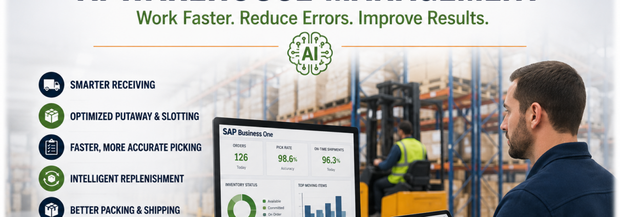 AI warehouse management with SAP Business One helping warehouse teams improve receiving, picking, replenishment, shipping, and operational efficiency.