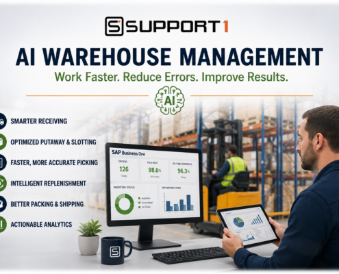 AI warehouse management with SAP Business One helping warehouse teams improve receiving, picking, replenishment, shipping, and operational efficiency.