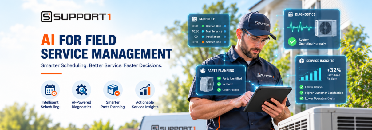 AI for field service management with intelligent scheduling, diagnostics, parts planning, service insights, and a field technician using a mobile device.