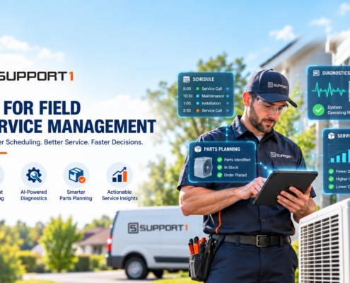 AI for field service management with intelligent scheduling, diagnostics, parts planning, service insights, and a field technician using a mobile device.