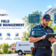 AI for field service management with intelligent scheduling, diagnostics, parts planning, service insights, and a field technician using a mobile device.