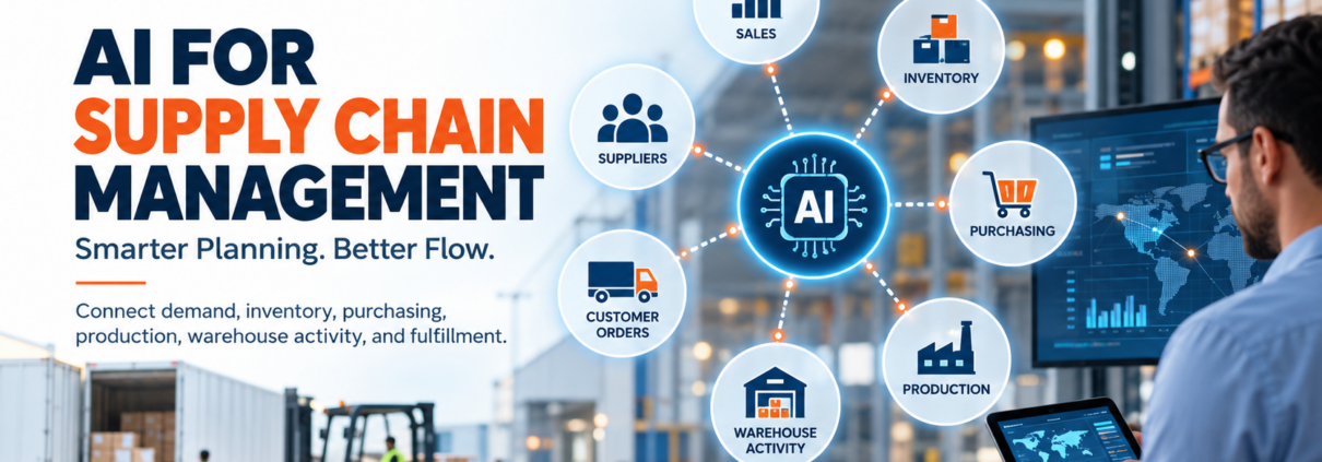 AI for supply chain management with SAP Business One connecting sales, inventory, purchasing, suppliers, production, warehouse activity, and customer orders.