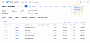 SAP Business One FP 2608 Web Client Ask AI feature on a sales order