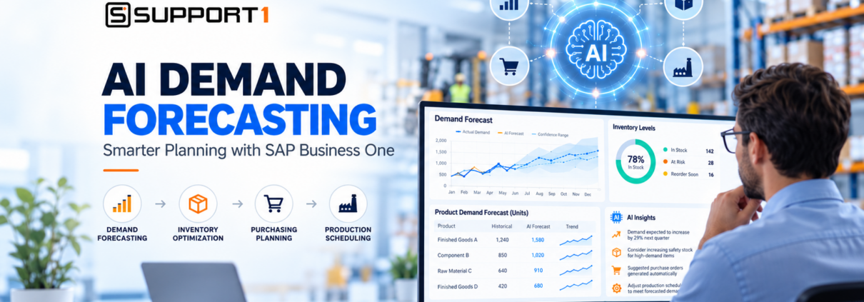 AI for demand forecasting with SAP Business One showing demand analysis, inventory optimization, purchasing planning, and production scheduling.
